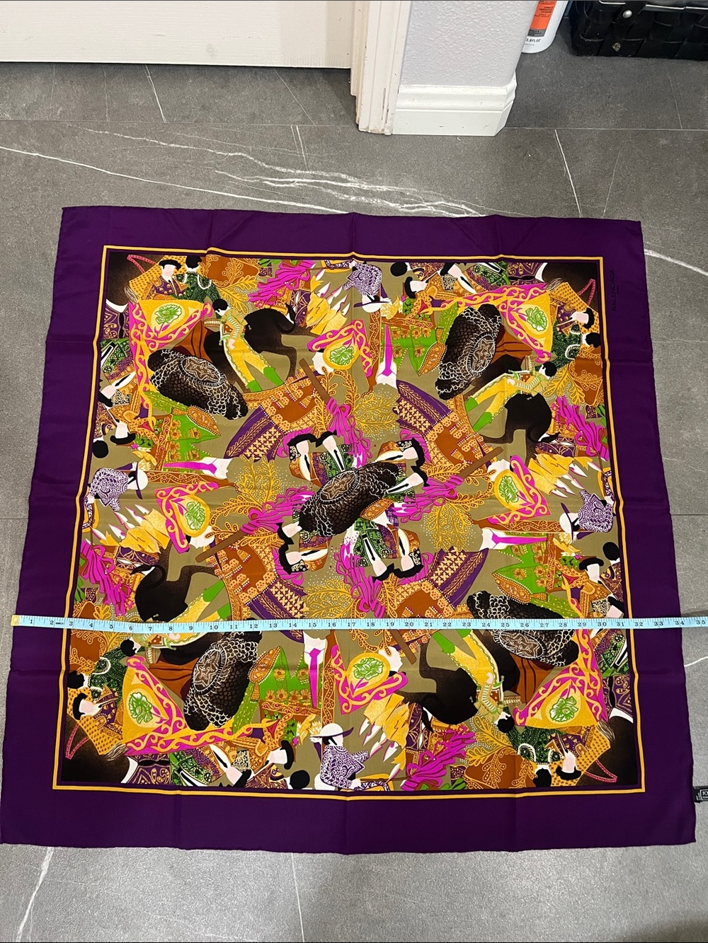 Balenciaga Purple and Gold Printed Silk Scarf. 100% silk - Picture 10 of 13